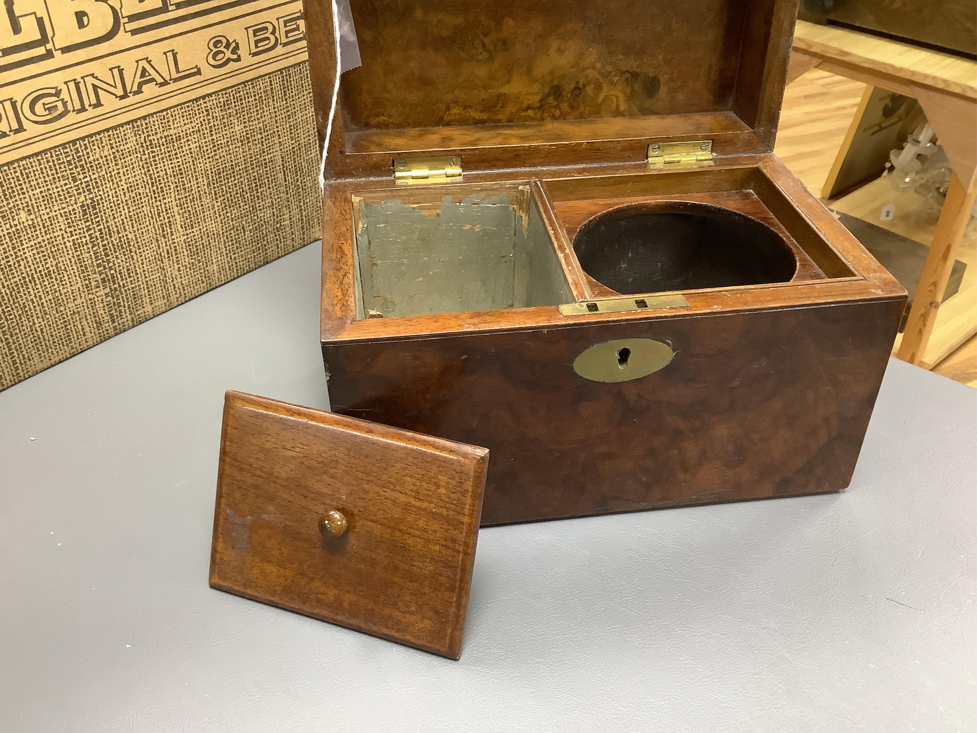 Sundry items comprising, Victorian walnut tea caddy, Arts and Crafts jug and Japanese antimony crumb scoop and tray, largest 32cm wide